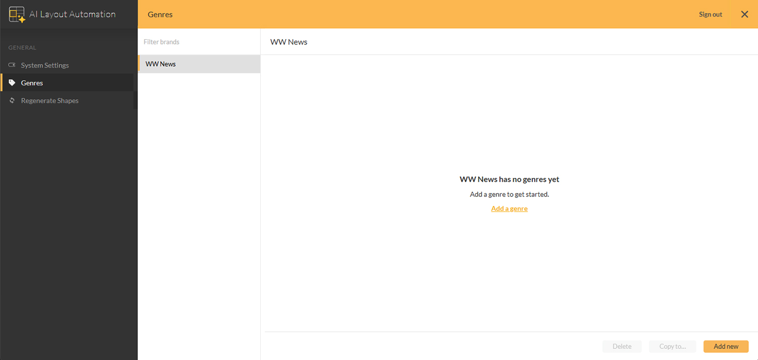 The Genres page in the AI Layout Automation Management Console 