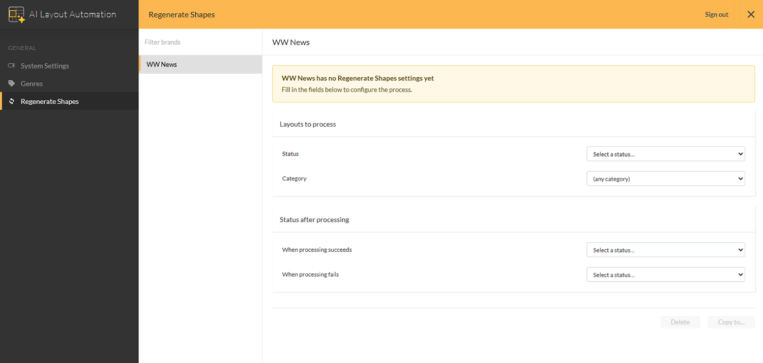 The Regenerate Shapes page in the AI Layout Automation Management Console