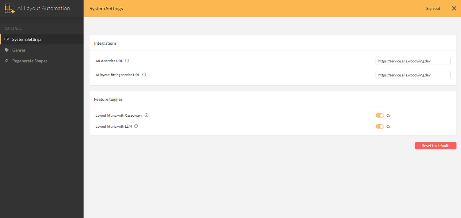 The System settings page in the AI Layout Automation Management Console