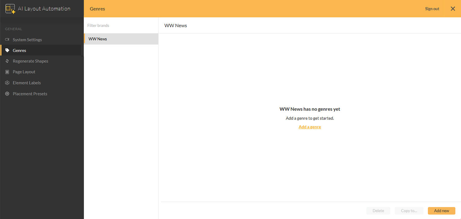 The Genres page in the AI Layout Automation Management Console 