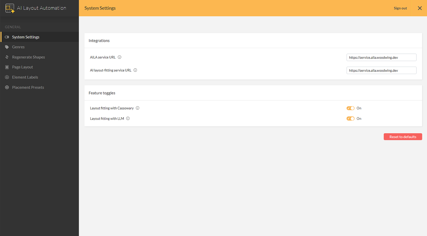 The System settings page in the AI Layout Automation Management Console