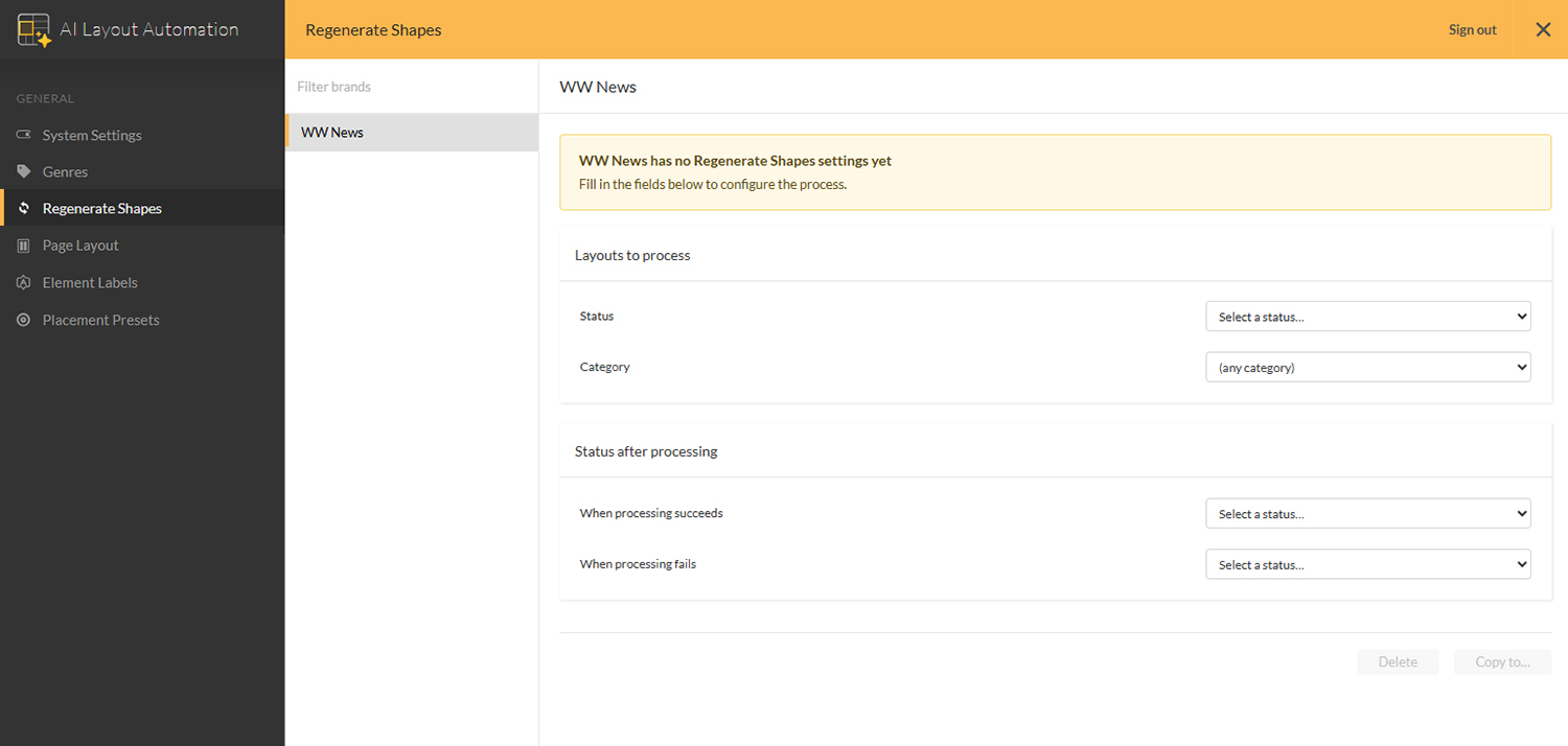 The Regenerate Shapes page in the AI Layout Automation Management Console