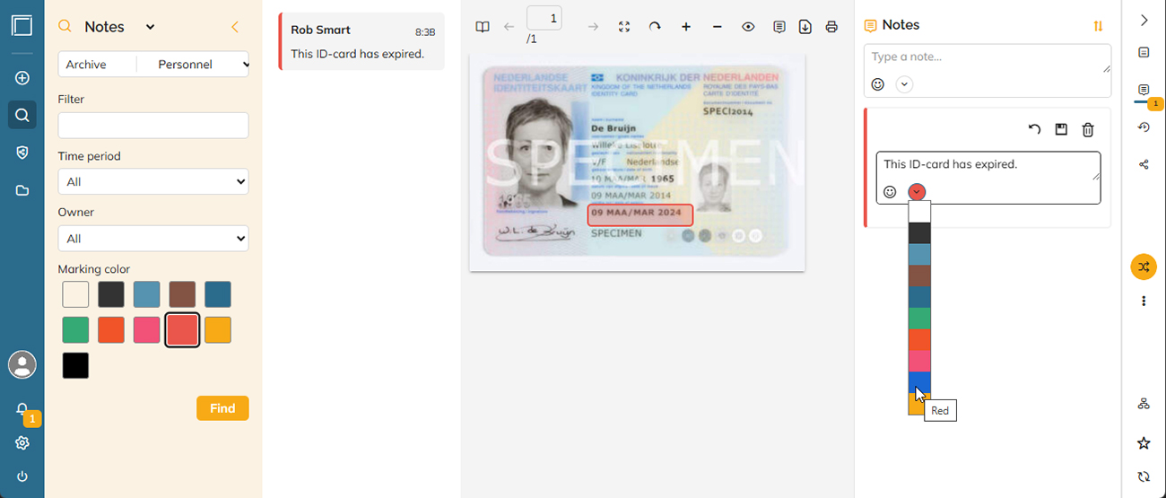 Notes can be given a color as an indication of their status