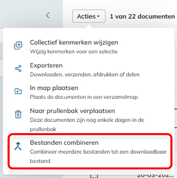 De optie Bestanden combineren in het actiemenu