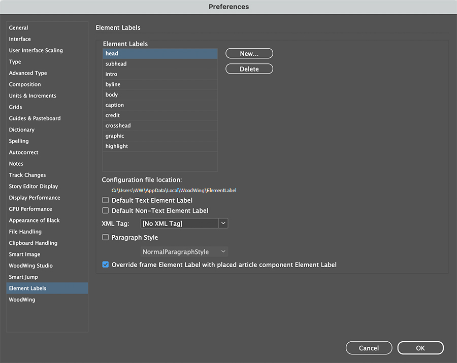 The Element Labels preferences.
