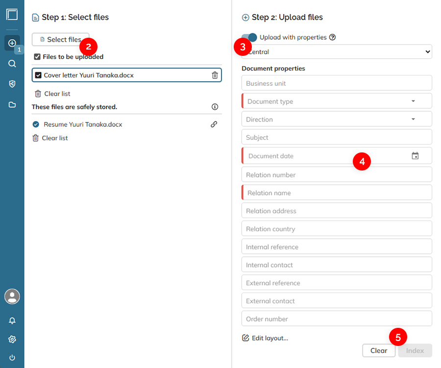 Steps 2 to 5 of uploading a file