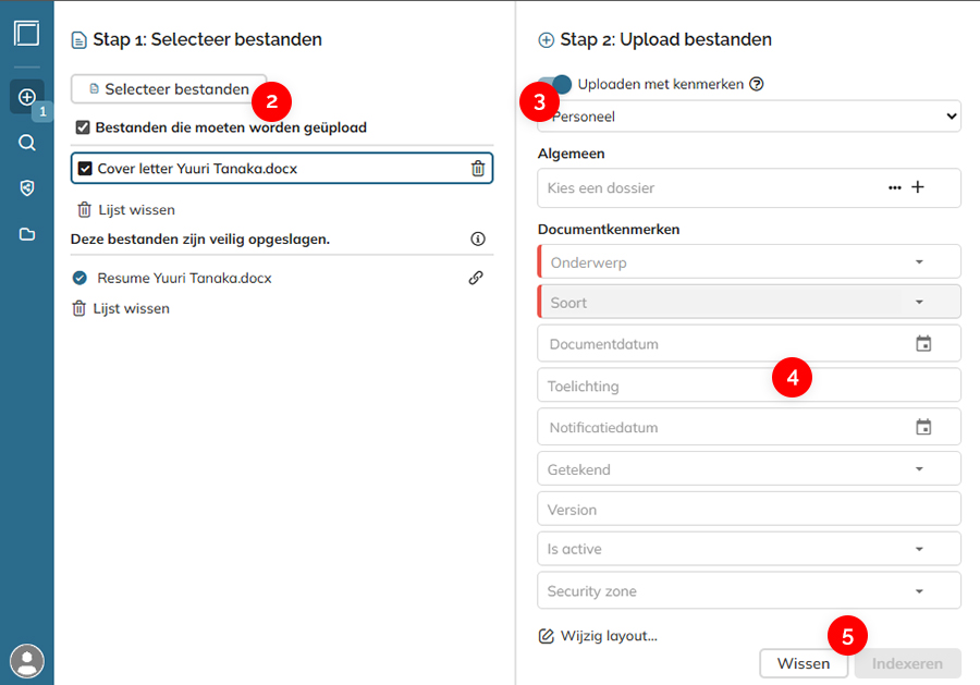 Stappen 2 t/m 5 van het uploaden van een bestand