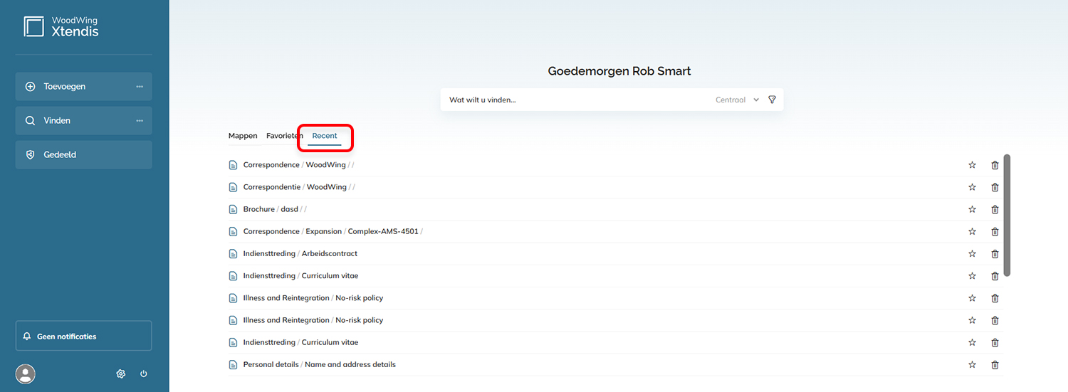 De lijst met recent bekeken documenten op de Startpagina