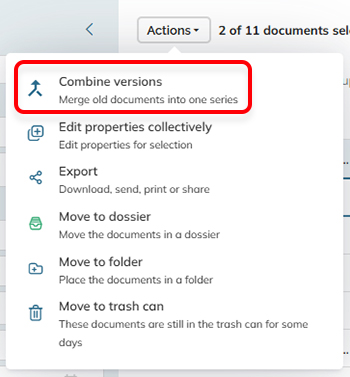 The Combine versions option in the Action menu
