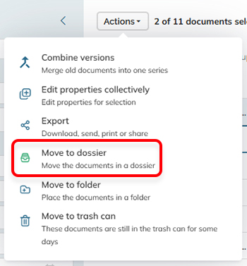 The Move to dossier option in the Action menu of a document