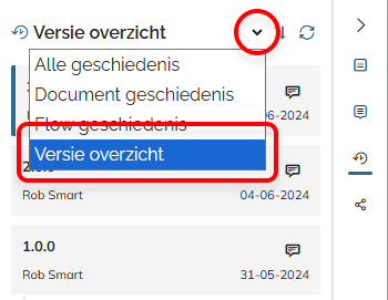 Versie overzicht kiezen in het paneel Geschiedenis