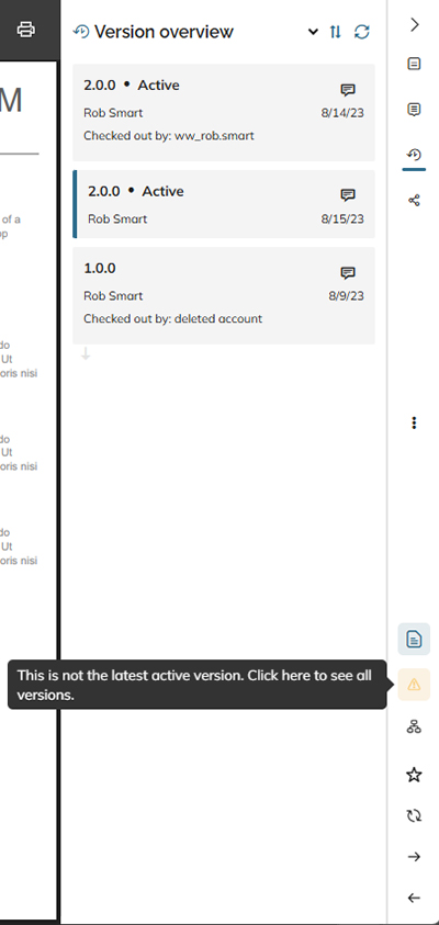 A warning appears when viewing a document which is not the active version