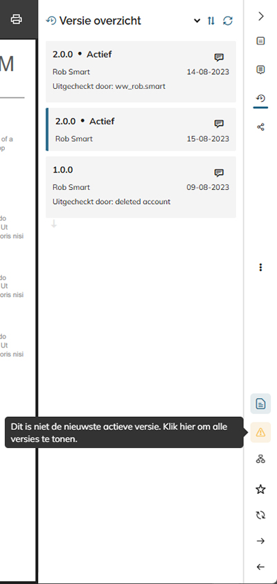 Er verschijnt een waarschuwing bij het bekijken van een document dat niet de actieve versie is