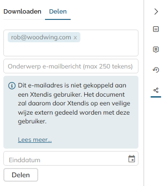 Bij het delen van een document naar een onbekend e-mailadres verschijnt er een bericht