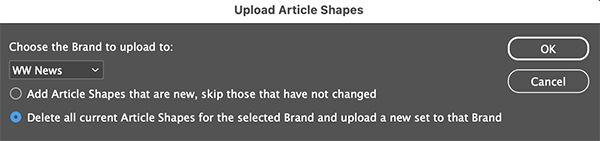 The dialog to choose a Brand to upload Article Shapes to