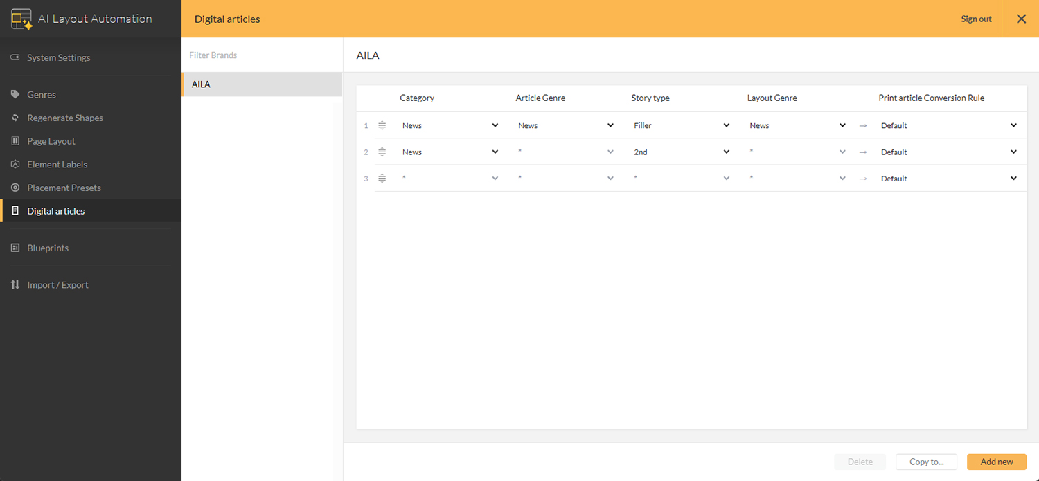 The Digital articles page in the AI Layout Automation Management Console