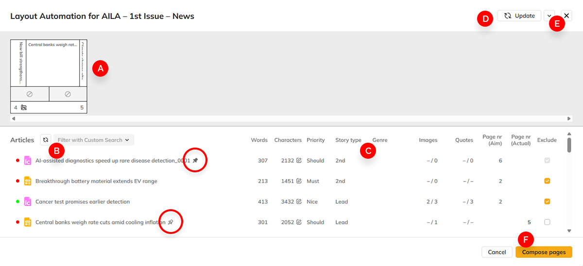 The components of the Create Pages dialog