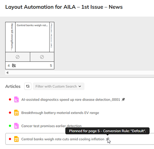 The tooltip in the  Create Pages dialog for an article that is not yet placed