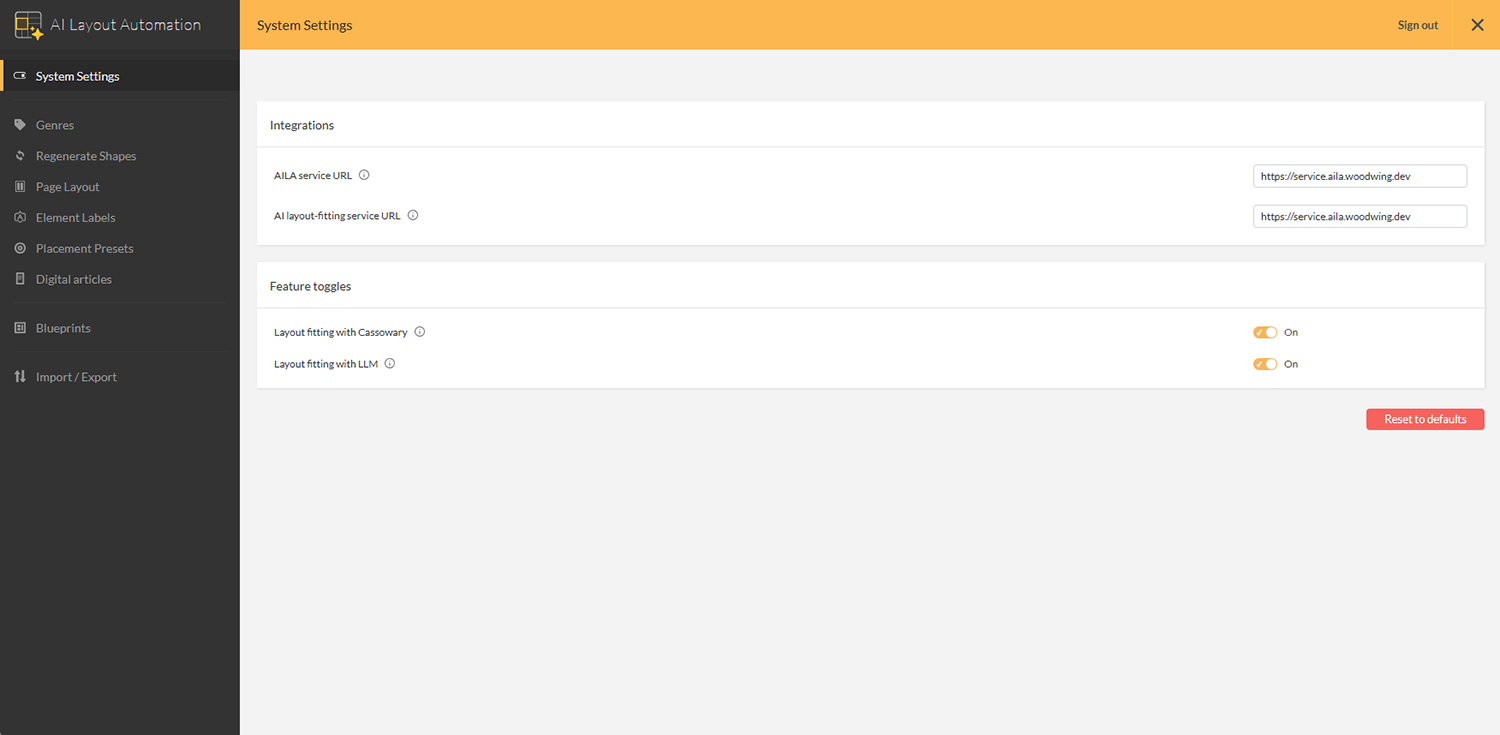 The System settings page in the AI Layout Automation Management Console