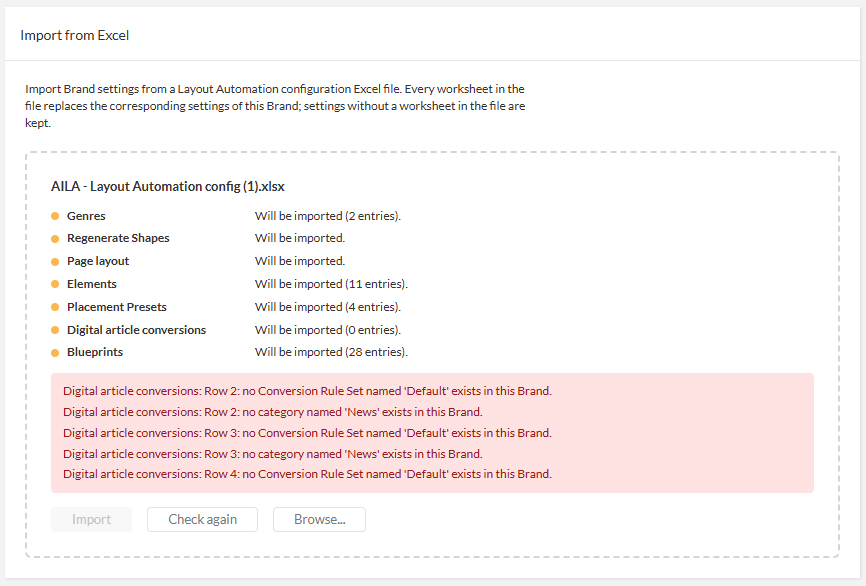 An example of the validation of the uploaded Excel file