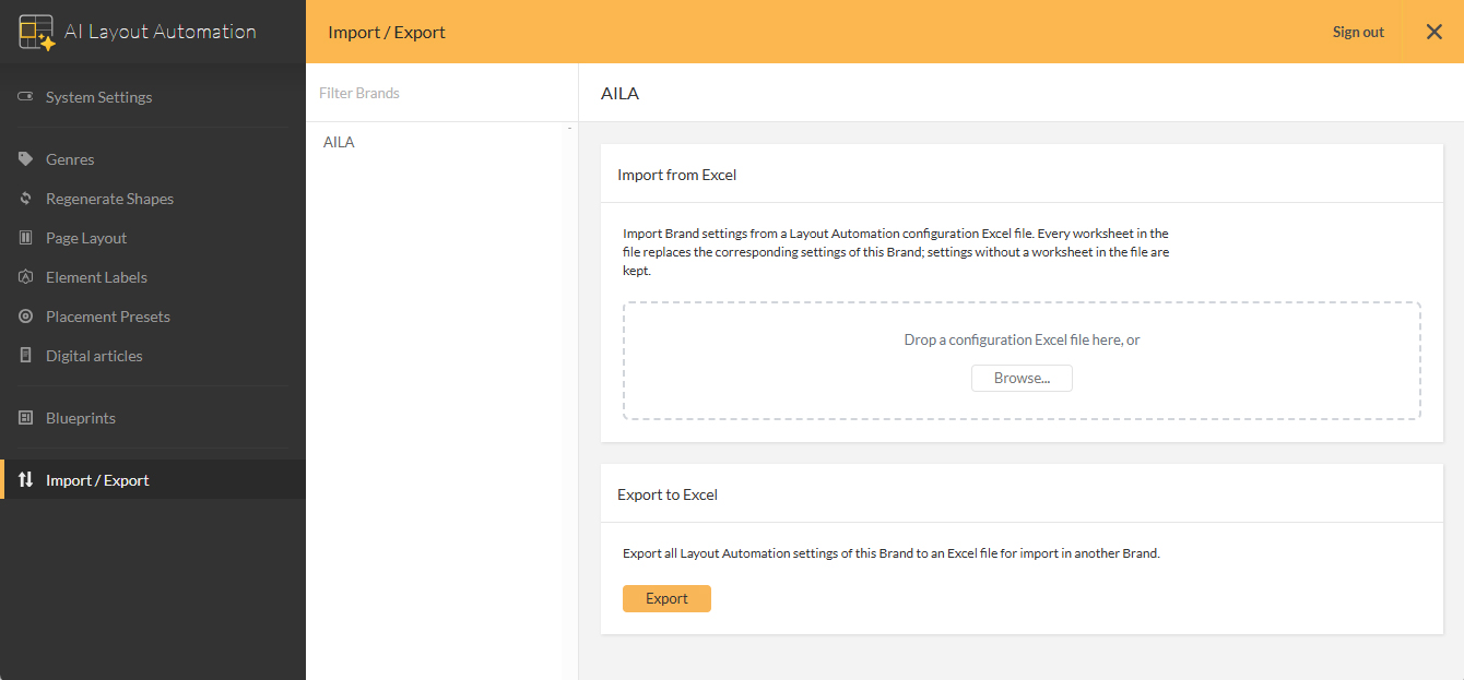 The Import/export page in the AILA Management Console