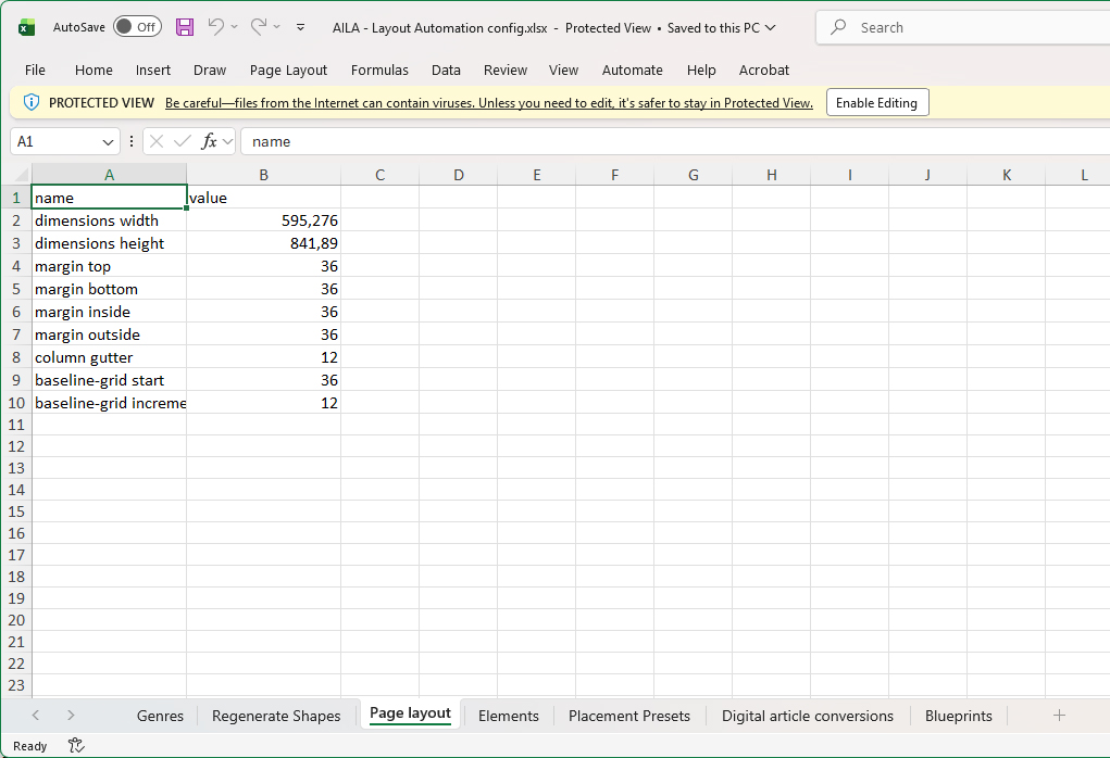 An example of an Excel file with exported Layout Automation settings