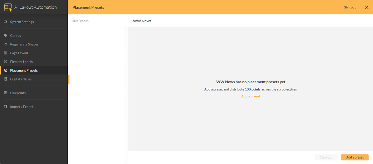 The Placement Presets page in the Management Console 