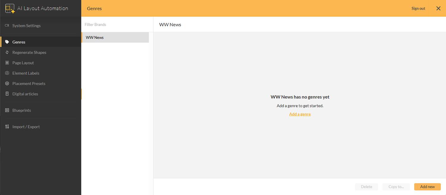 The Genres page in the AI Layout Automation Management Console 
