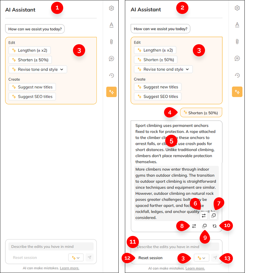 The components of the AI Assistant panel