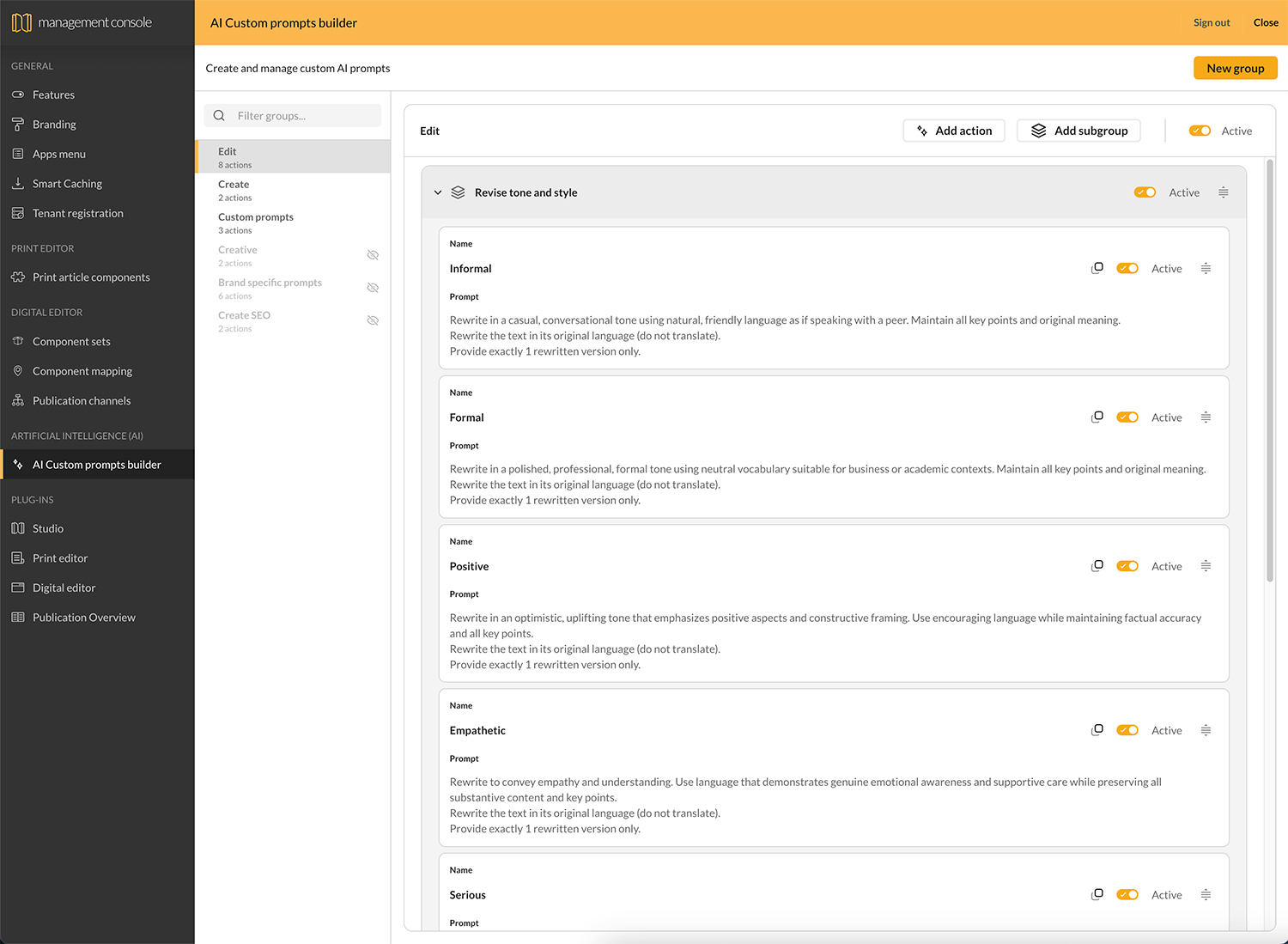 The AI Custom prompts builder in the Management Console