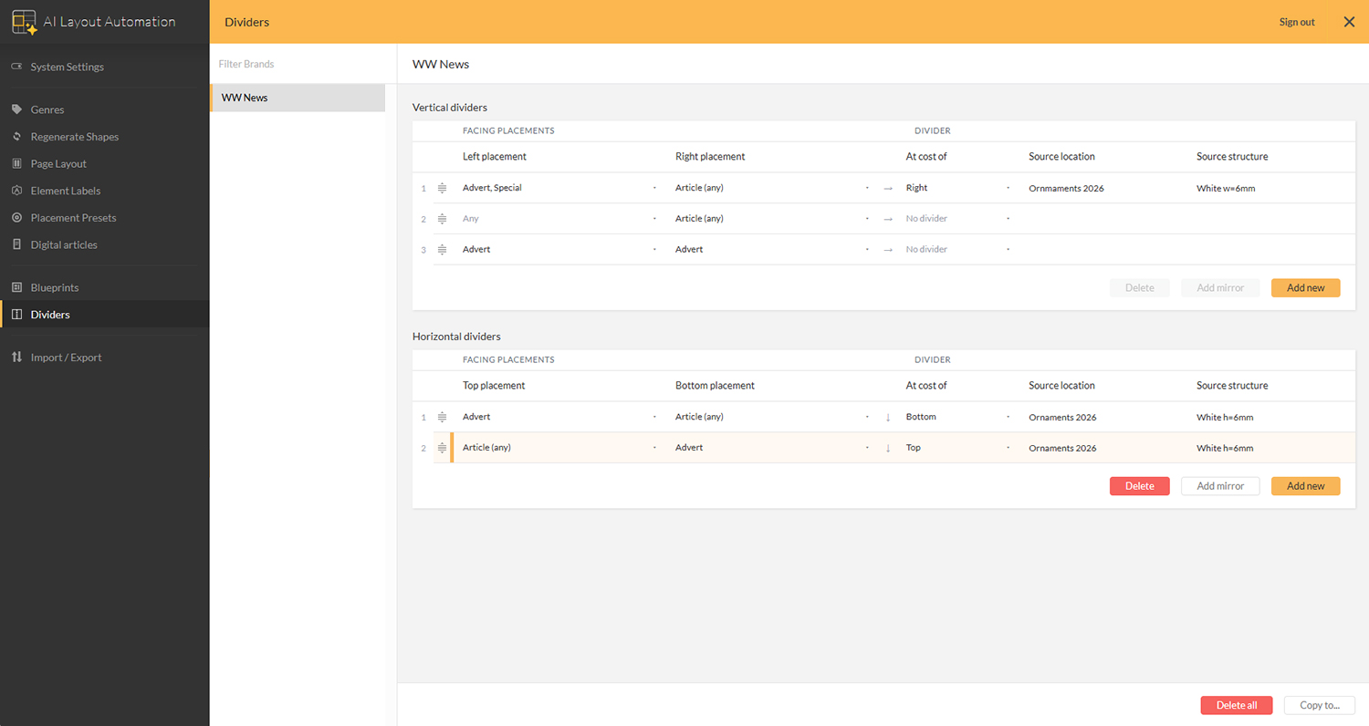 The Dividers page in the AI Layout Automation Management Console of Studio Server