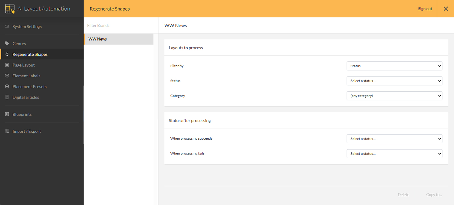 The Regenerate Shapes page in the AI Layout Automation Management Console