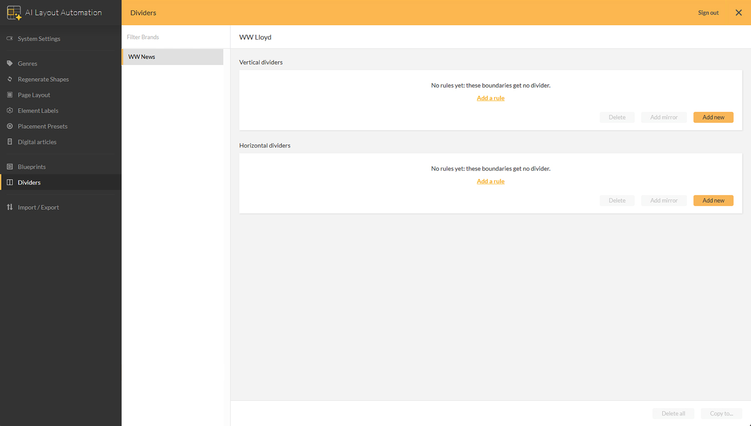 The Dividers page in the AI Layout Automation Management Console of Studio Server before setting up rules