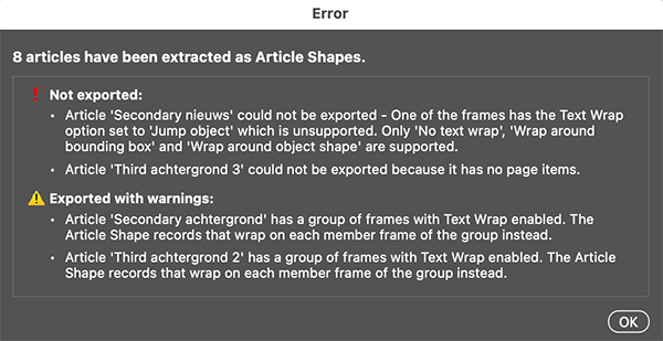 An example of the new way in which information is displayed when extracting Article Shape information fails