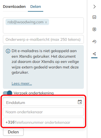 De velden wanneer Verzoek ondertekening is ingeschakeld
