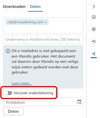 De optie Verzoek ondertekening in het paneel Delen