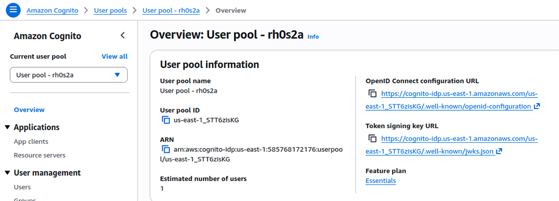 User pool information in the AWS Management Console