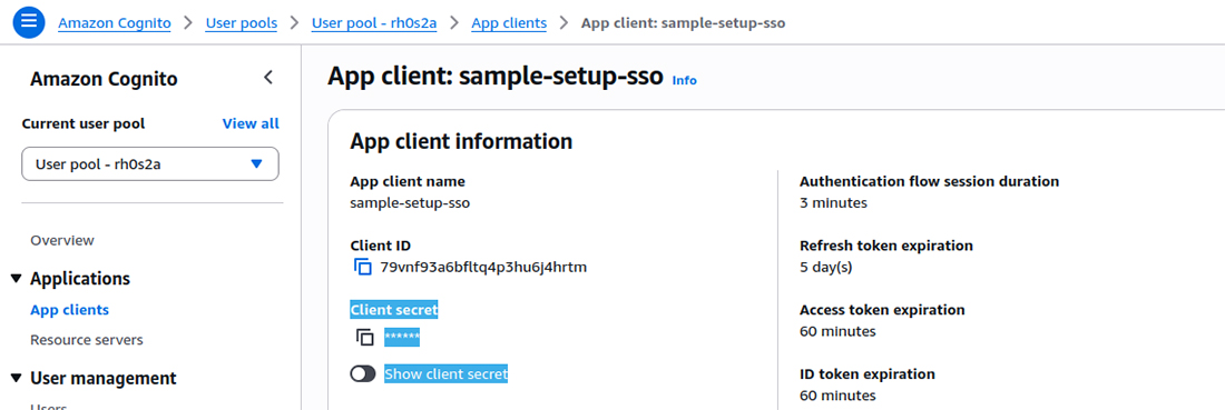 An app client setup in the AWS Management Console