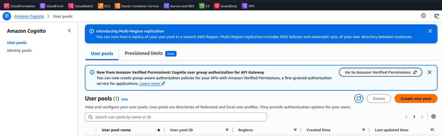 The User Pools section in the AWS Management Console