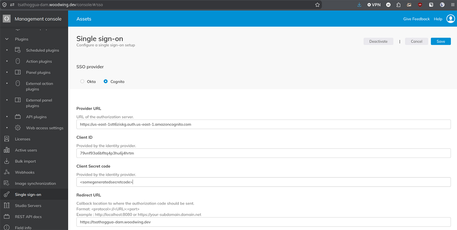 A completed Single Sign-On page in the Management Console of Assets Server