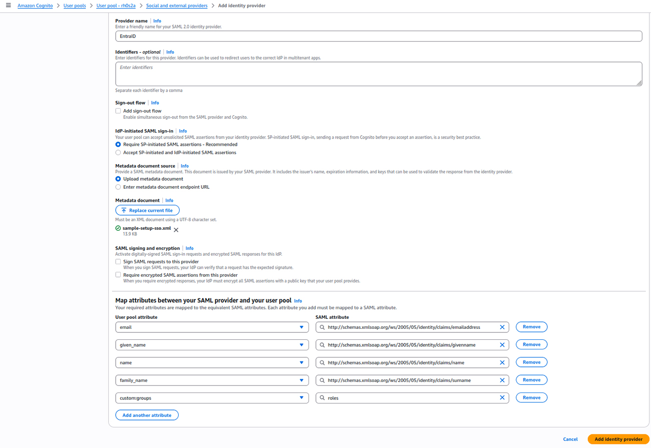 SAML identity provider configuration and the completed attribute mapping table