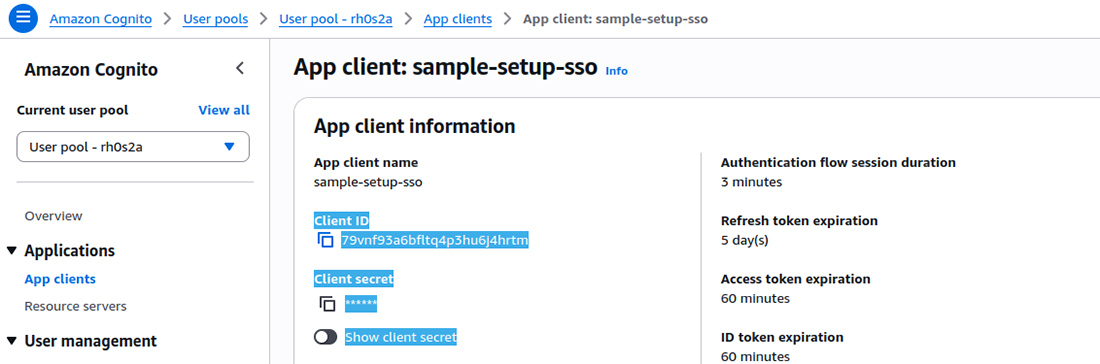 The app client page showing client ID and the reveal control for the client secret