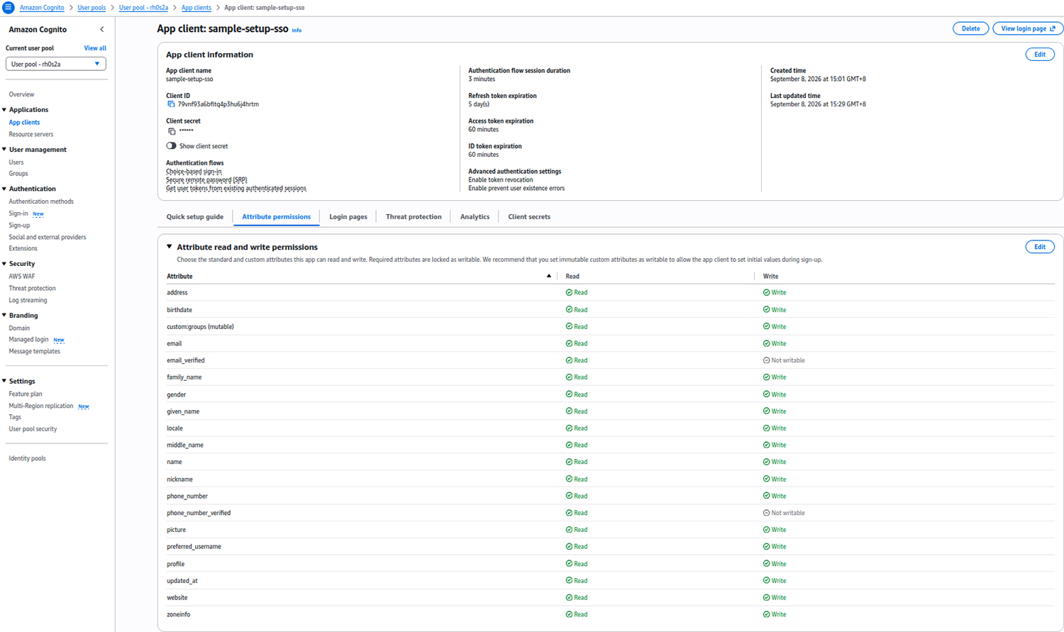Attribute read and write permissions page with custom:groups read and write selected