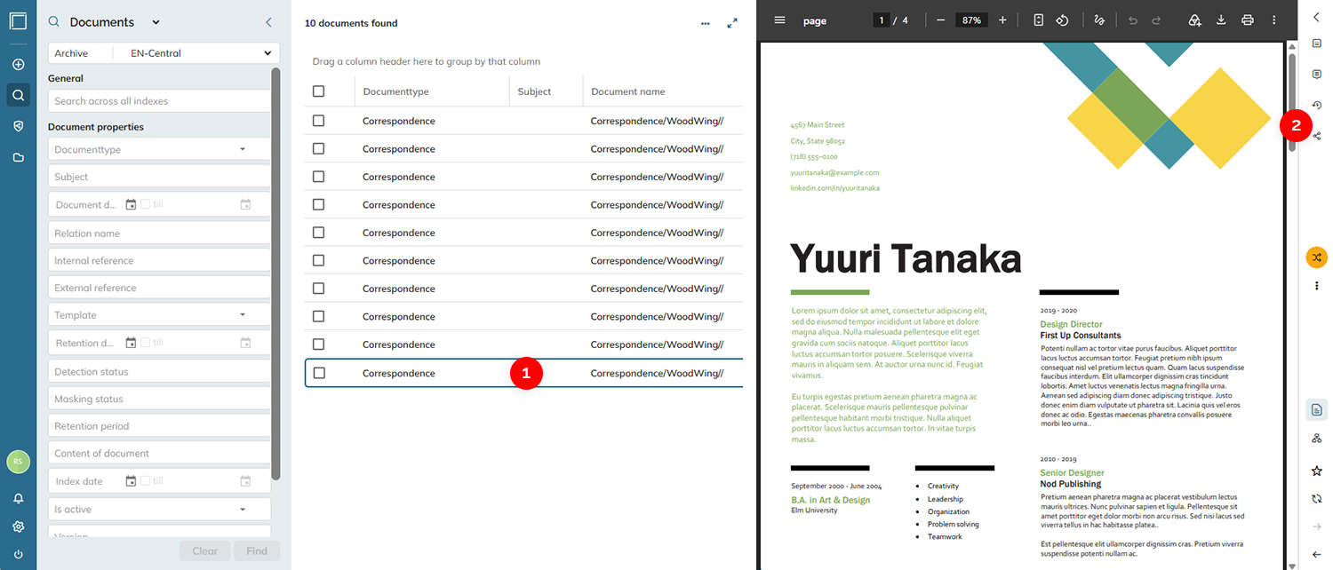 An item selected in the list and the vertical toolbar