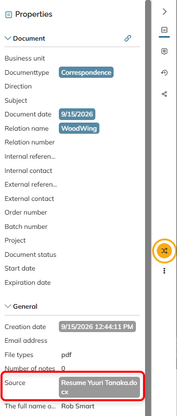 Clicking the tag in the Source field will open the linked document