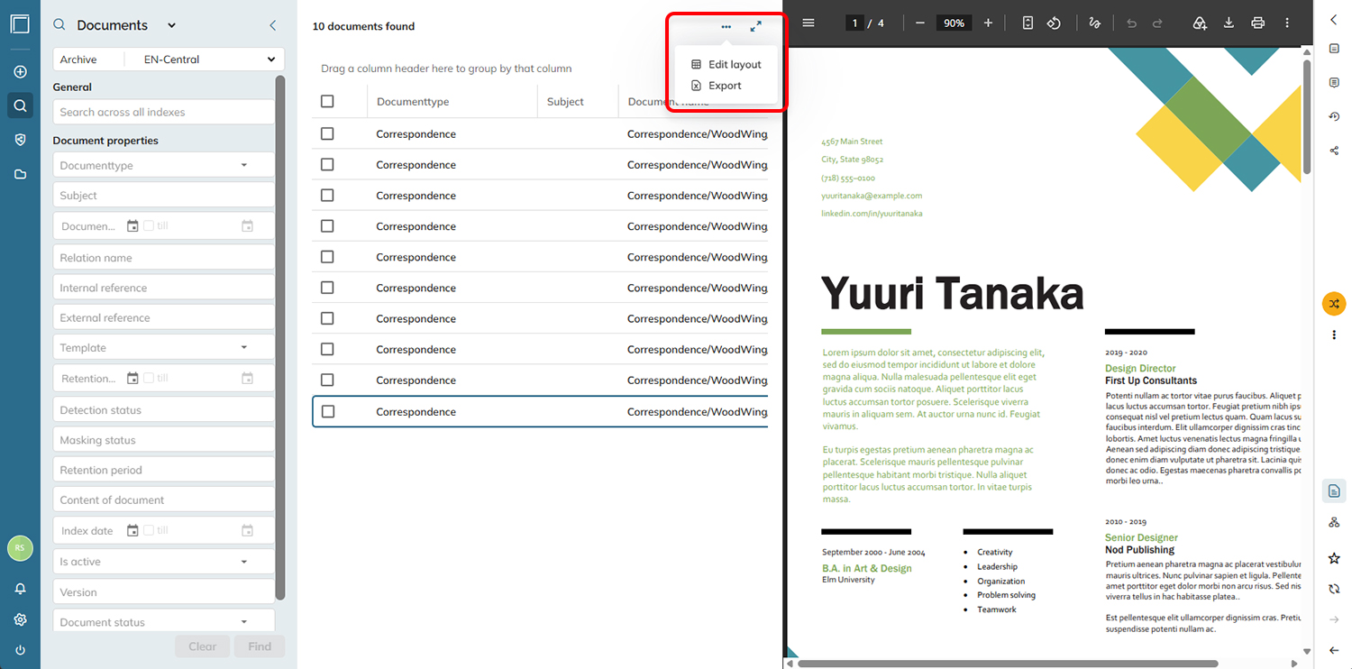 The search results menu.