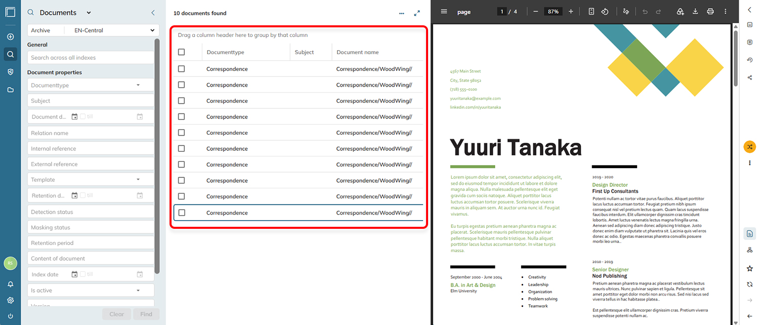The columns in the search results