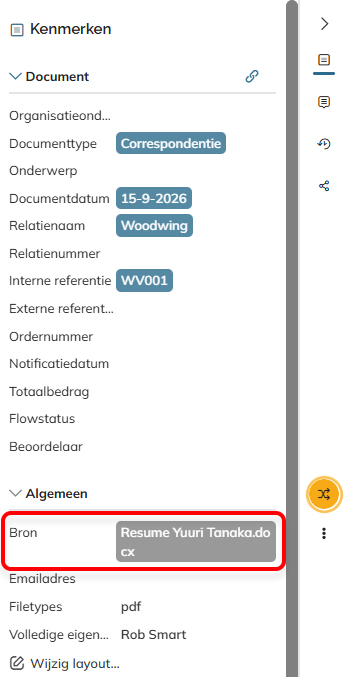 Door op de tag in het Bron-veld te klikken, wordt het gekoppelde document geopend