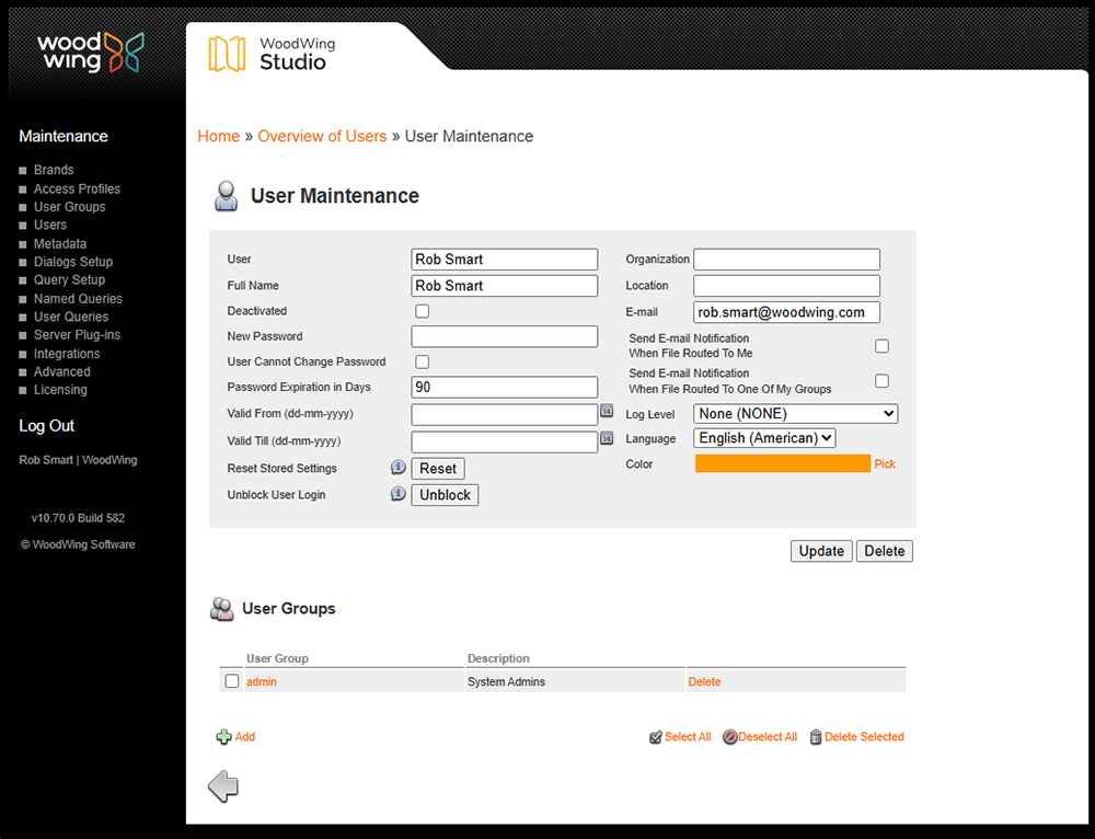 The User Maintenance page
