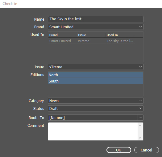 The Check-in dialog for a layout